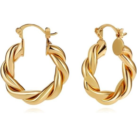 Twisited Gold Chunky Hoop Earrings For Women 14K Gold Plated High Polished - Picture 7 of 14